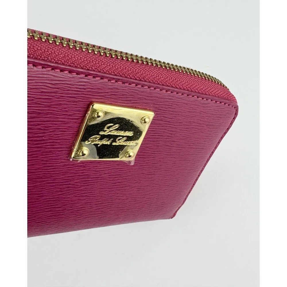 Lauren Ralph Lauren Pink Leather Wristlet Zip Around Wallet With Gold Hardware